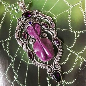 Silver Plated Carved Face Namaste Amethyst Pendant